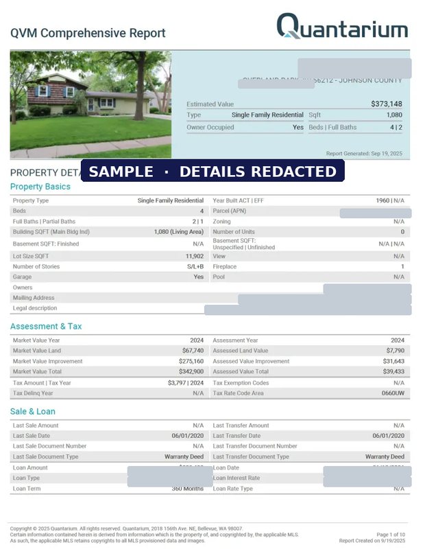First page of a sample QVM Comprehensive Report with identifying details redacted
